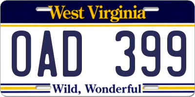 WV license plate OAD399