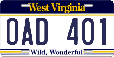 WV license plate OAD401