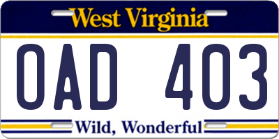 WV license plate OAD403