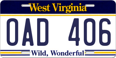 WV license plate OAD406
