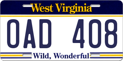 WV license plate OAD408