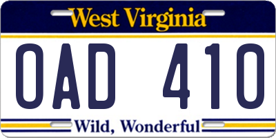 WV license plate OAD410