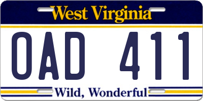 WV license plate OAD411