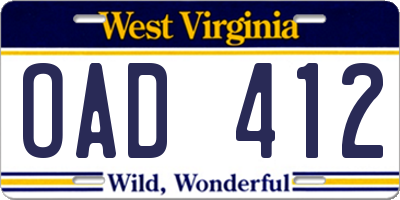 WV license plate OAD412