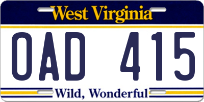 WV license plate OAD415