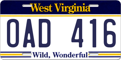 WV license plate OAD416