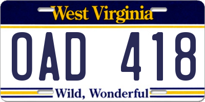 WV license plate OAD418