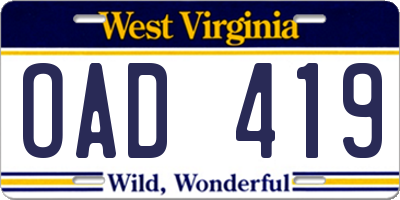WV license plate OAD419