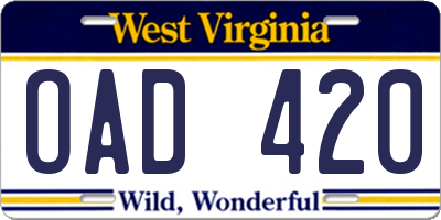 WV license plate OAD420