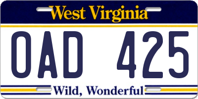 WV license plate OAD425