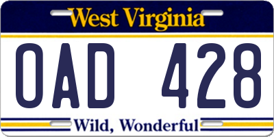 WV license plate OAD428