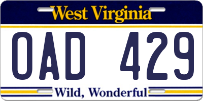 WV license plate OAD429