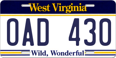 WV license plate OAD430