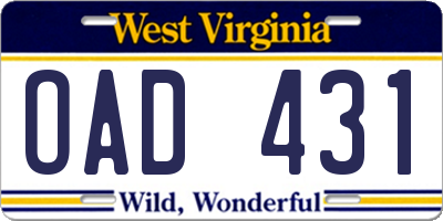 WV license plate OAD431