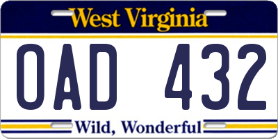 WV license plate OAD432