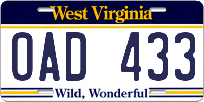 WV license plate OAD433