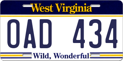 WV license plate OAD434