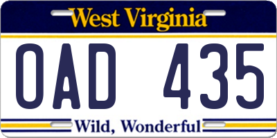 WV license plate OAD435