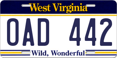 WV license plate OAD442