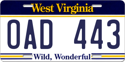 WV license plate OAD443