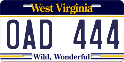 WV license plate OAD444