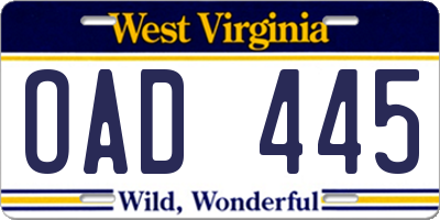WV license plate OAD445