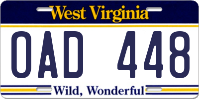 WV license plate OAD448