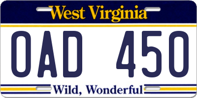 WV license plate OAD450