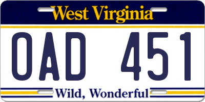 WV license plate OAD451