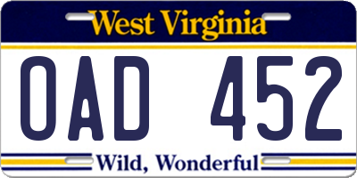 WV license plate OAD452