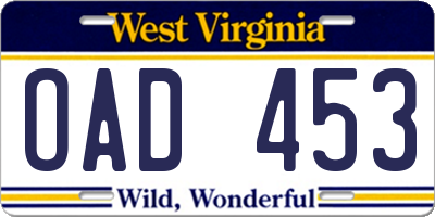 WV license plate OAD453