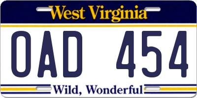 WV license plate OAD454