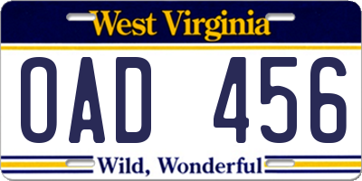 WV license plate OAD456