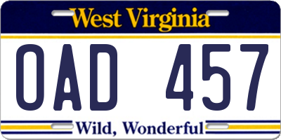 WV license plate OAD457