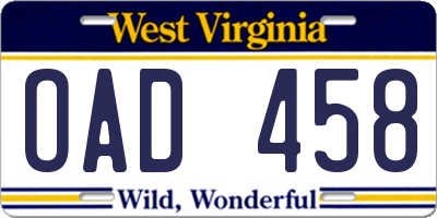 WV license plate OAD458