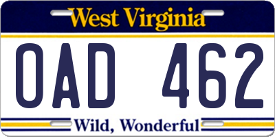 WV license plate OAD462