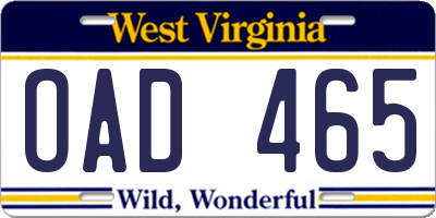 WV license plate OAD465