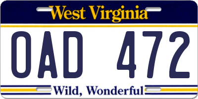 WV license plate OAD472