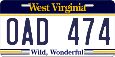 WV license plate OAD474