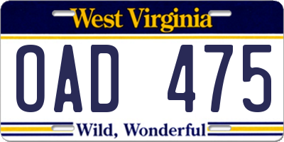 WV license plate OAD475