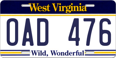 WV license plate OAD476