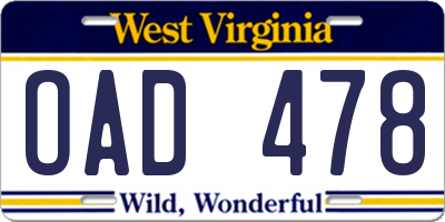 WV license plate OAD478