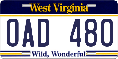 WV license plate OAD480