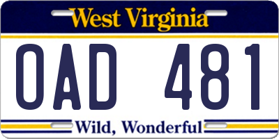 WV license plate OAD481