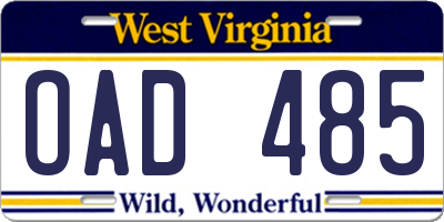 WV license plate OAD485