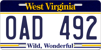 WV license plate OAD492