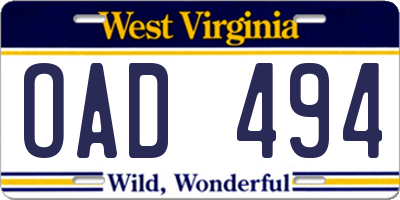 WV license plate OAD494