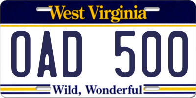WV license plate OAD500