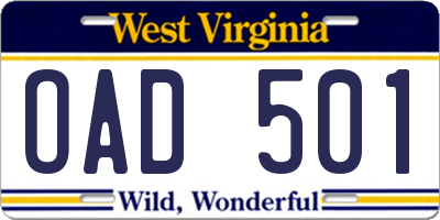 WV license plate OAD501