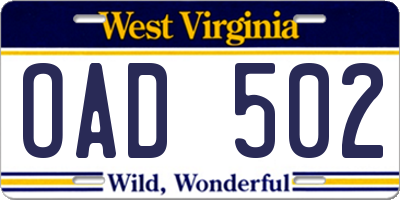 WV license plate OAD502